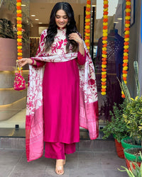 Thumbnail for Lyush Women Party Wear Embroidery Worked Kurta With Pant And Duppata Set - Pink
