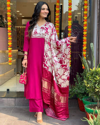 Thumbnail for Lyush Women Party Wear Embroidery Worked Kurta With Pant And Duppata Set - Pink