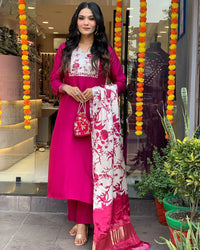 Thumbnail for Lyush Women Party Wear Embroidery Worked Kurta With Pant And Duppata Set - Pink