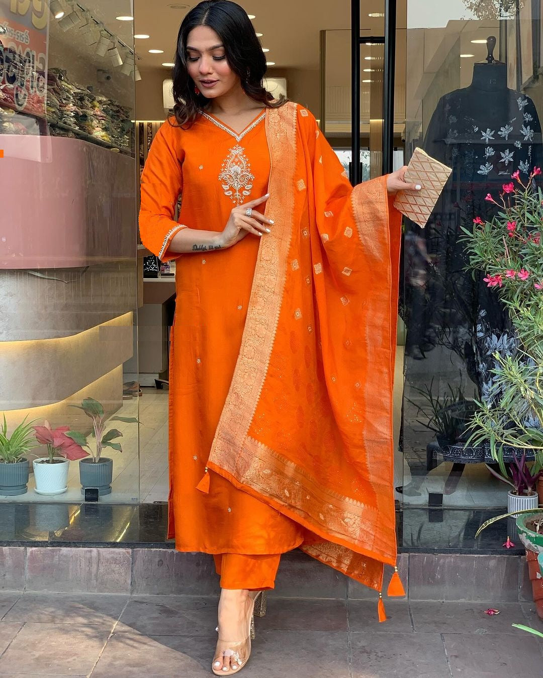 Lyush Women Party Wear Embroidery Worked Kurta With Pant And Duppata Set - Orange