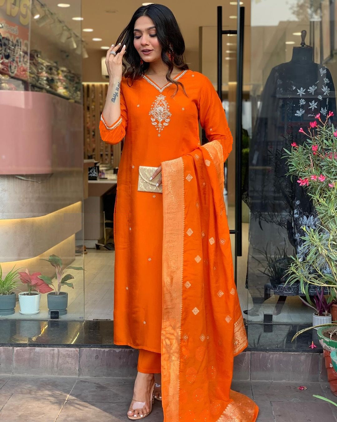 Lyush Women Party Wear Embroidery Worked Kurta With Pant And Duppata Set - Orange