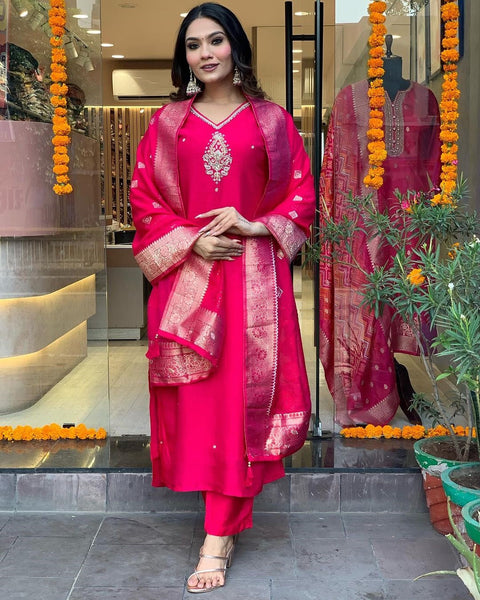 Lyush Women Party Wear Embroidery Worked Kurta With Pant And Duppata Set - Pink