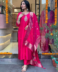 Thumbnail for Lyush Women Party Wear Embroidery Worked Kurta With Pant And Duppata Set - Pink