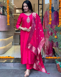 Thumbnail for Lyush Women Party Wear Embroidery Worked Kurta With Pant And Duppata Set - Pink
