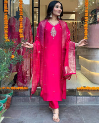 Thumbnail for Lyush Women Party Wear Embroidery Worked Kurta With Pant And Duppata Set - Pink