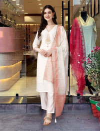 Thumbnail for Lyush Women Party Wear Embroidery Worked Kurta With Pant And Duppata Set - Cream