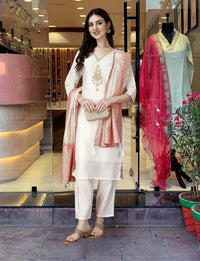 Thumbnail for Lyush Women Party Wear Embroidery Worked Kurta With Pant And Duppata Set - Cream