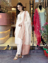 Thumbnail for Lyush Women Party Wear Embroidery Worked Kurta With Pant And Duppata Set - Cream