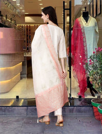 Thumbnail for Lyush Women Party Wear Embroidery Worked Kurta With Pant And Duppata Set - Cream