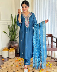 Thumbnail for Lyush Women Party Wear Embroidery Worked Kurta With Pant And Duppata Set - Blue