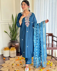 Thumbnail for Lyush Women Party Wear Embroidery Worked Kurta With Pant And Duppata Set - Blue