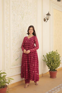 Thumbnail for Aastha Fashion Magenta Faux Georgette Printed Gown With Pant