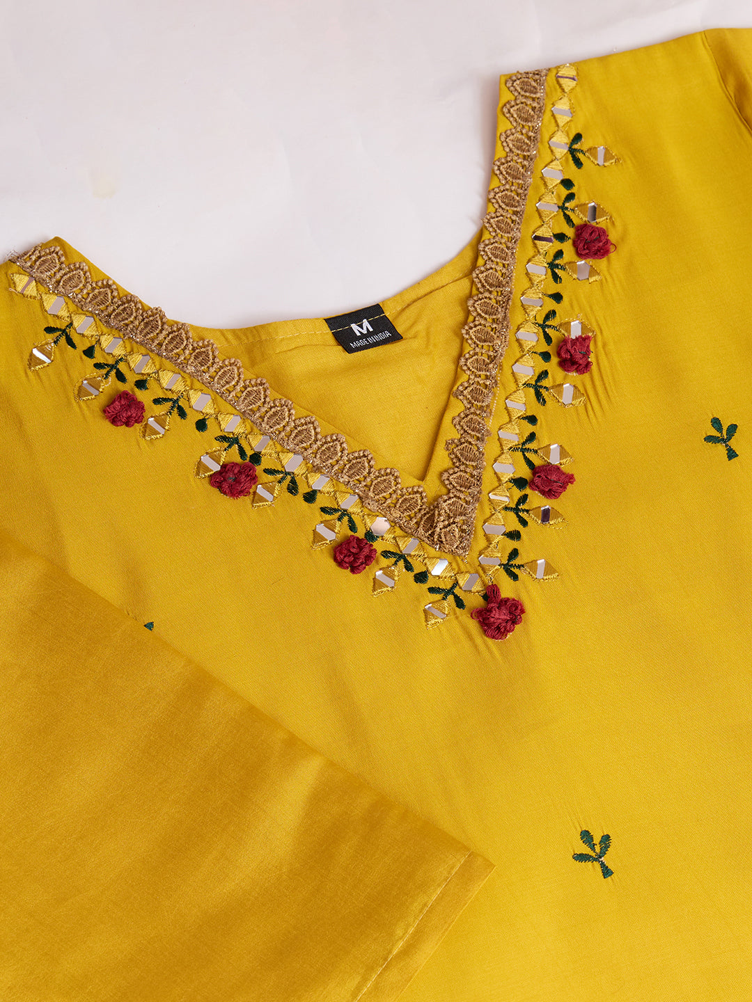 Lorenvalley Mustard Chanderi Roman Silk Embroidered with Mirror Work Kurta Set