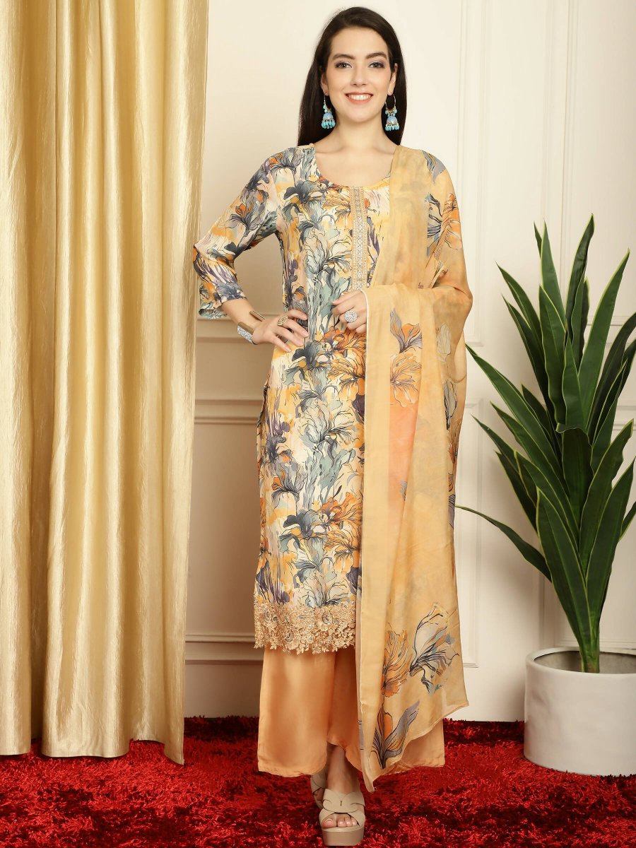 Aastha Fashion Women's Multicolor Muslin Digital Printed with Embroidered Lace work Kurta with Trouser & Dupatta - Distacart