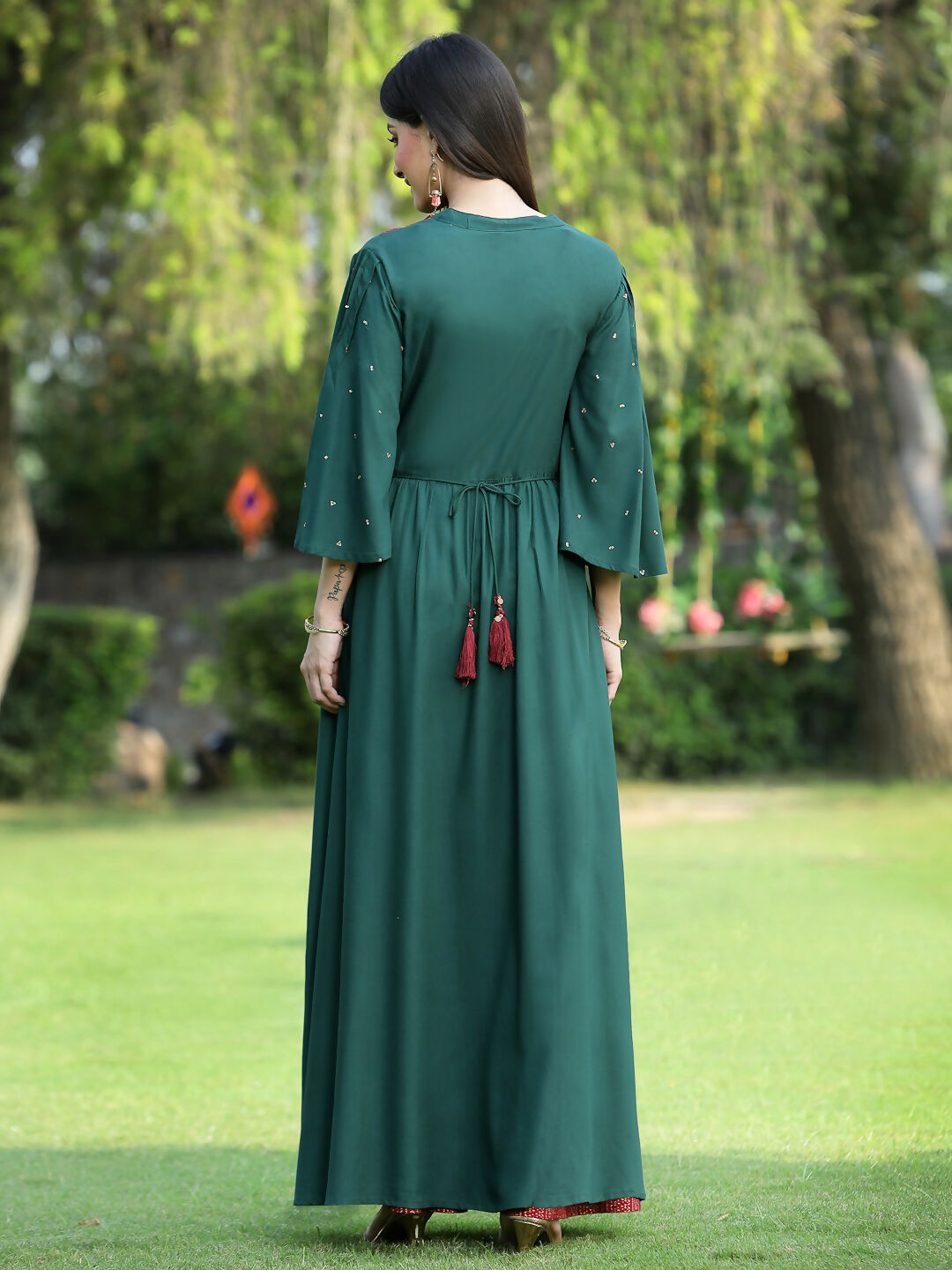 Juniper Jade Green Ethnic Motif Printed Rayon High-Slit Kurta & Palazzo Set With Thread Work Embroidery - Distacart