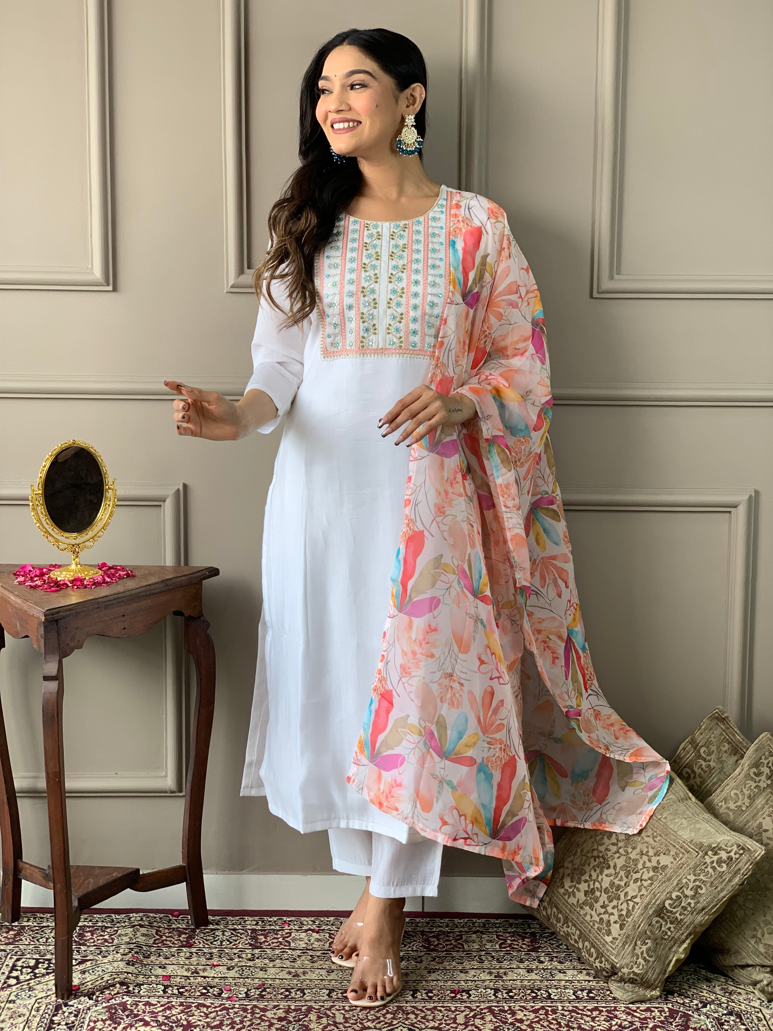 Teeya Creation White Colour Viscose Chanderi Silk Embroidery Work Fully Stitched Kurti Set - Distacart