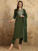 Thumbnail for Teeya Creation Green Colour Viscose Chanderi Embroidery Work Fully Stitched Kurti Set - Distacart