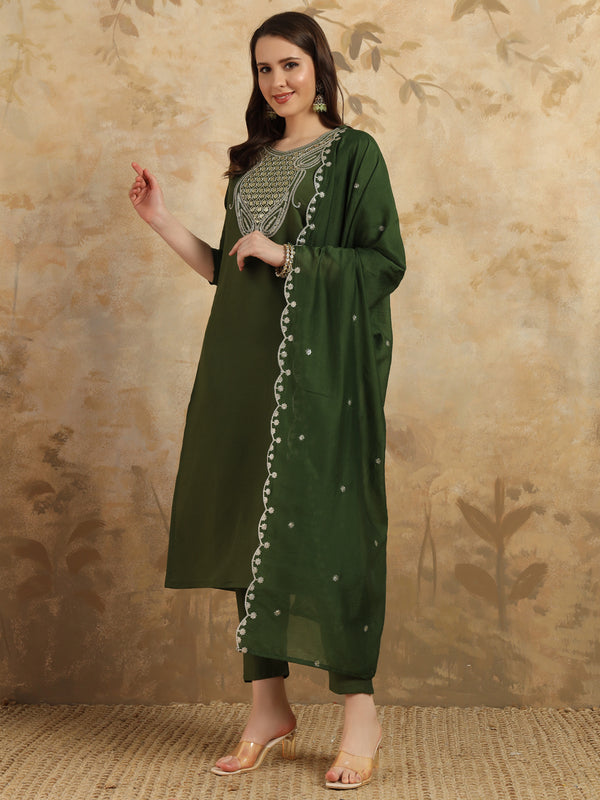 Teeya Creation Green Colour Viscose Chanderi Embroidery Work Fully Stitched Kurti Set - Distacart