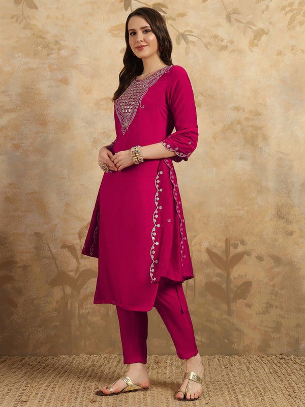 Teeya Creation Rani Colour Viscose Chanderi Embroidery Work Fully Stitched Kurti Set - Distacart