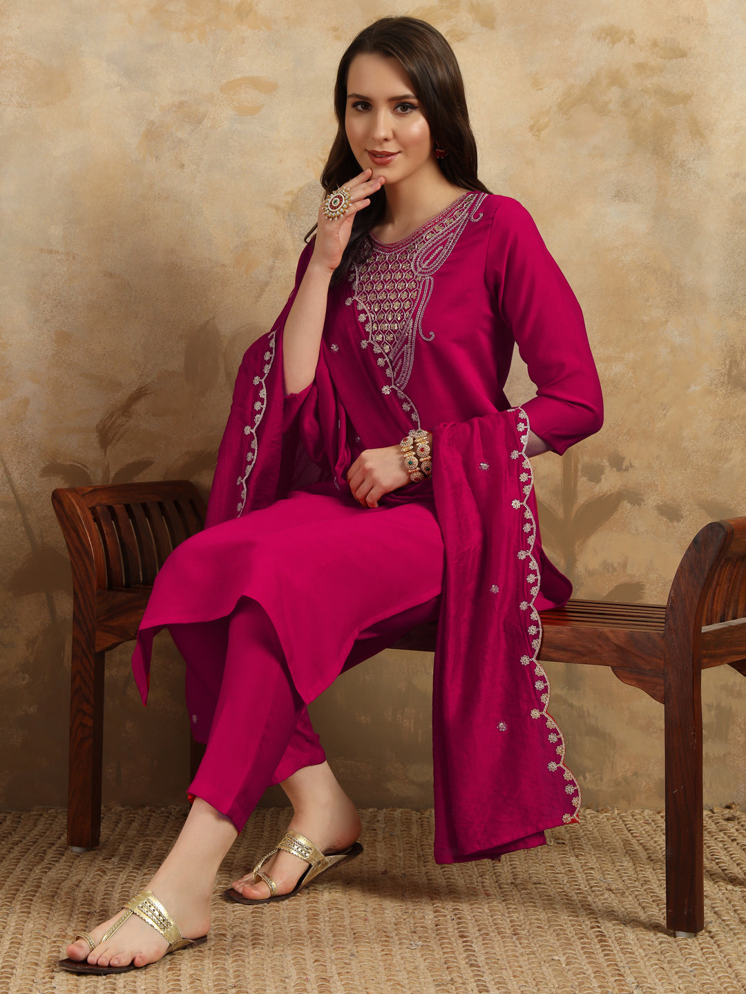 Teeya Creation Rani Colour Viscose Chanderi Embroidery Work Fully Stitched Kurti Set - Distacart