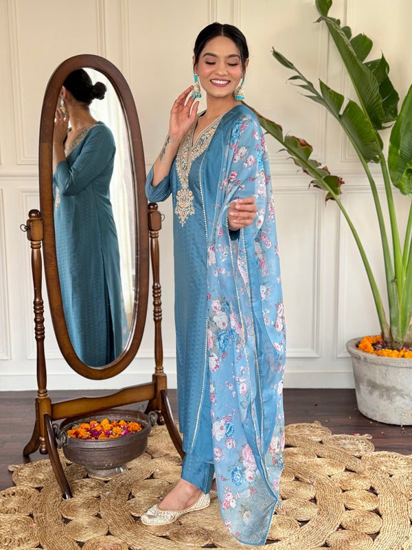 Teeya Creation Blue Colour Viscose Rayon Embroidery Work Fully Stitched Kurti Set - Distacart