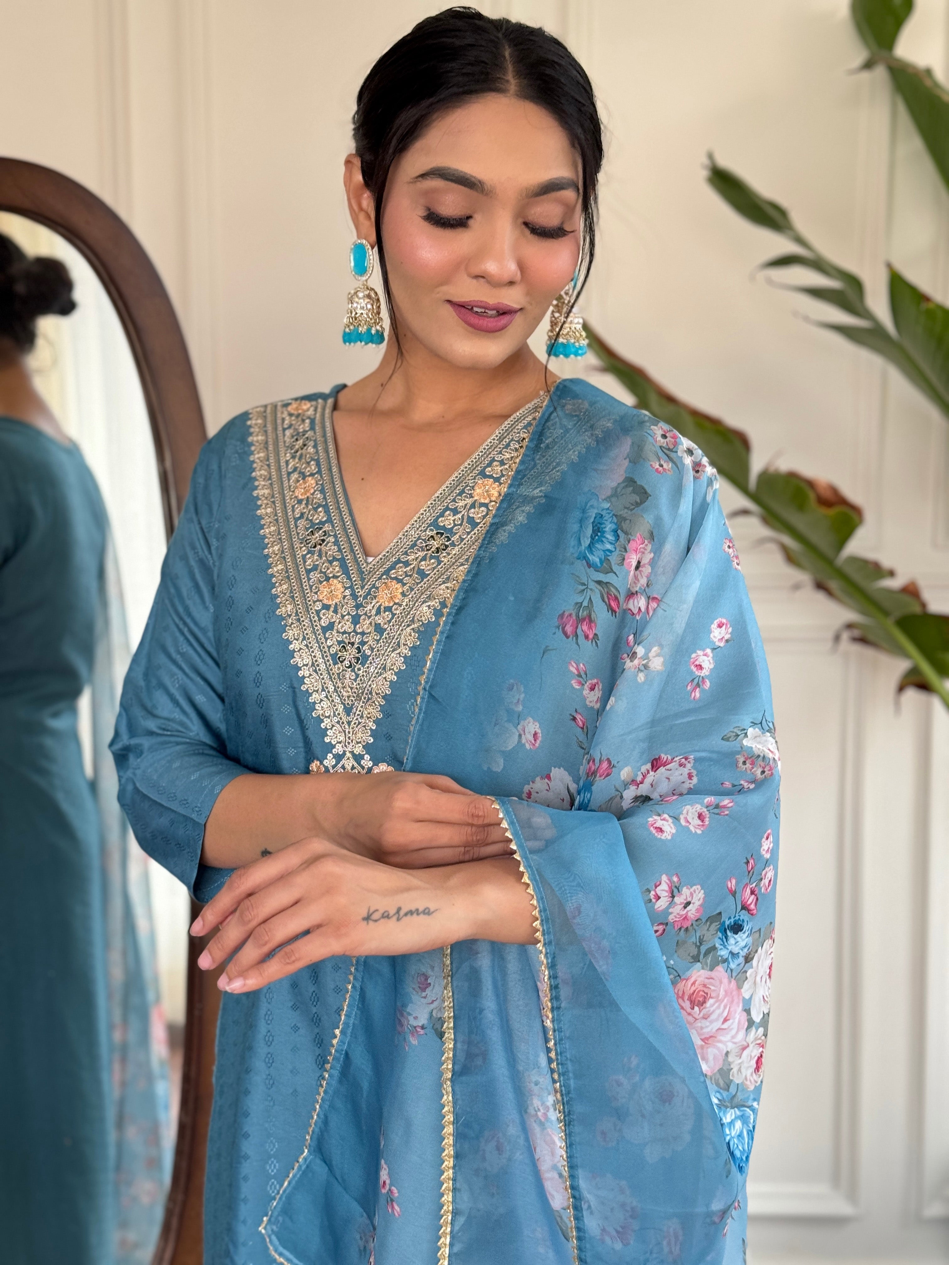 Teeya Creation Blue Colour Viscose Rayon Embroidery Work Fully Stitched Kurti Set - Distacart