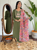 Thumbnail for Teeya Creation Green Colour Viscose Chanderi Embroidery Work Fully Stitched Kurti Set - Distacart