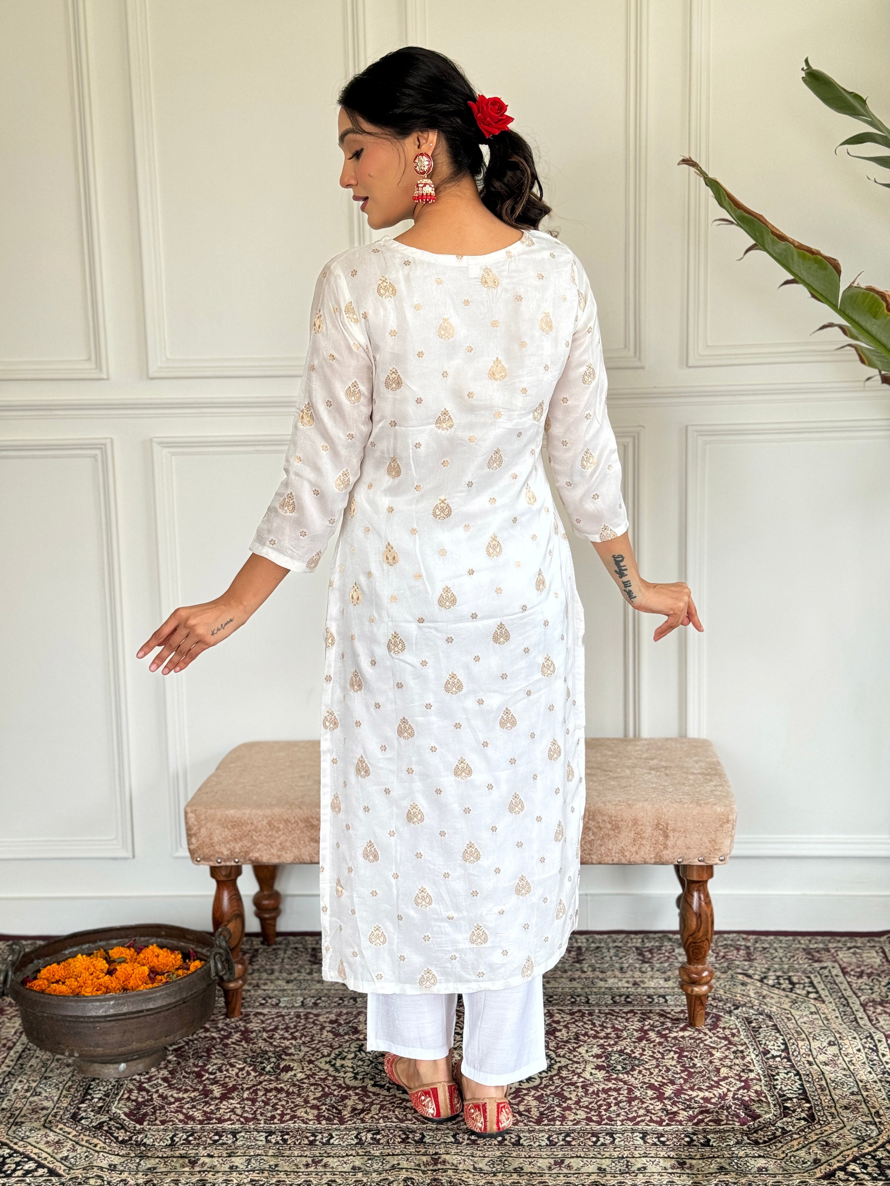 Teeya Creation White Colour Jacquard Embroidery Work Fully Stitched Kurti Set - Distacart