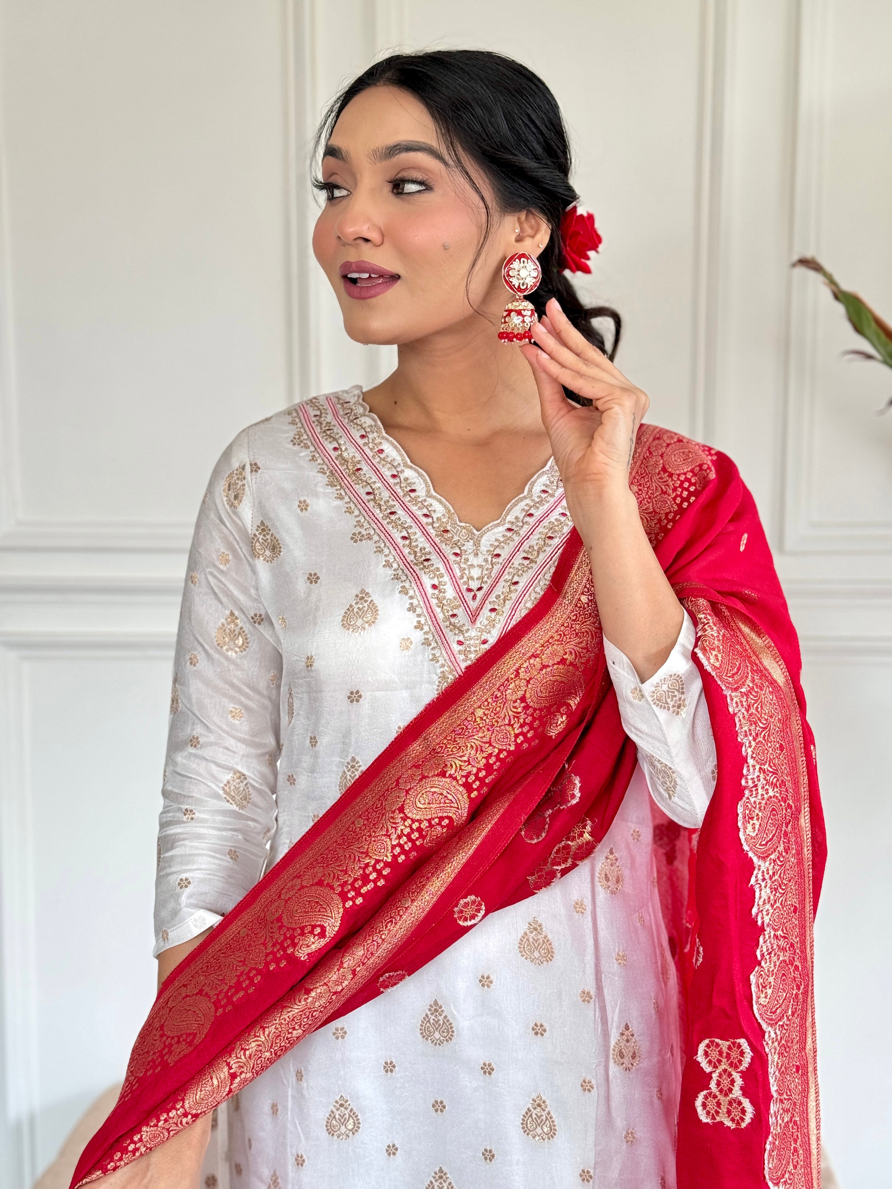 Teeya Creation White Colour Jacquard Embroidery Work Fully Stitched Kurti Set - Distacart