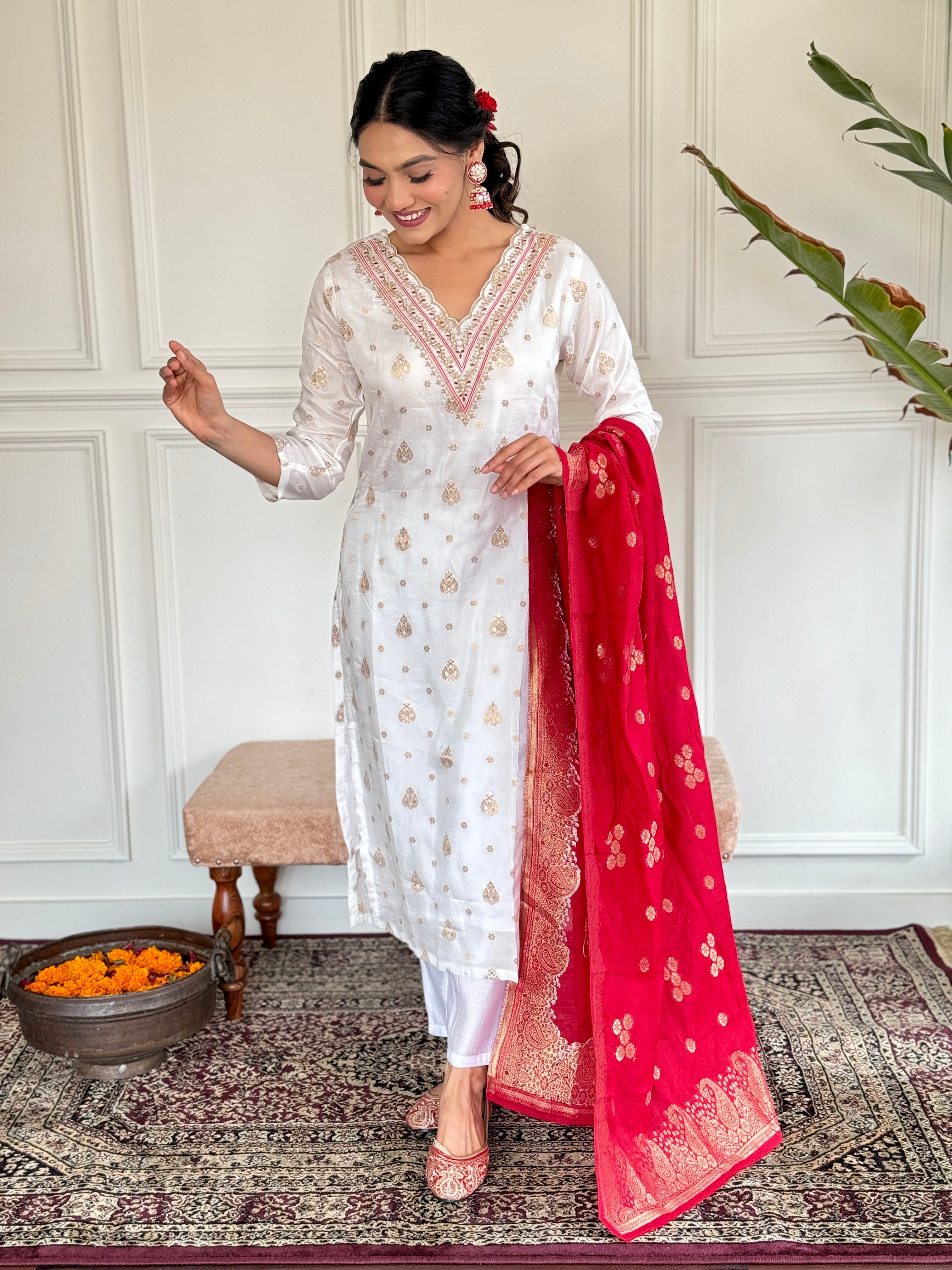 Teeya Creation White Colour Jacquard Embroidery Work Fully Stitched Kurti Set - Distacart