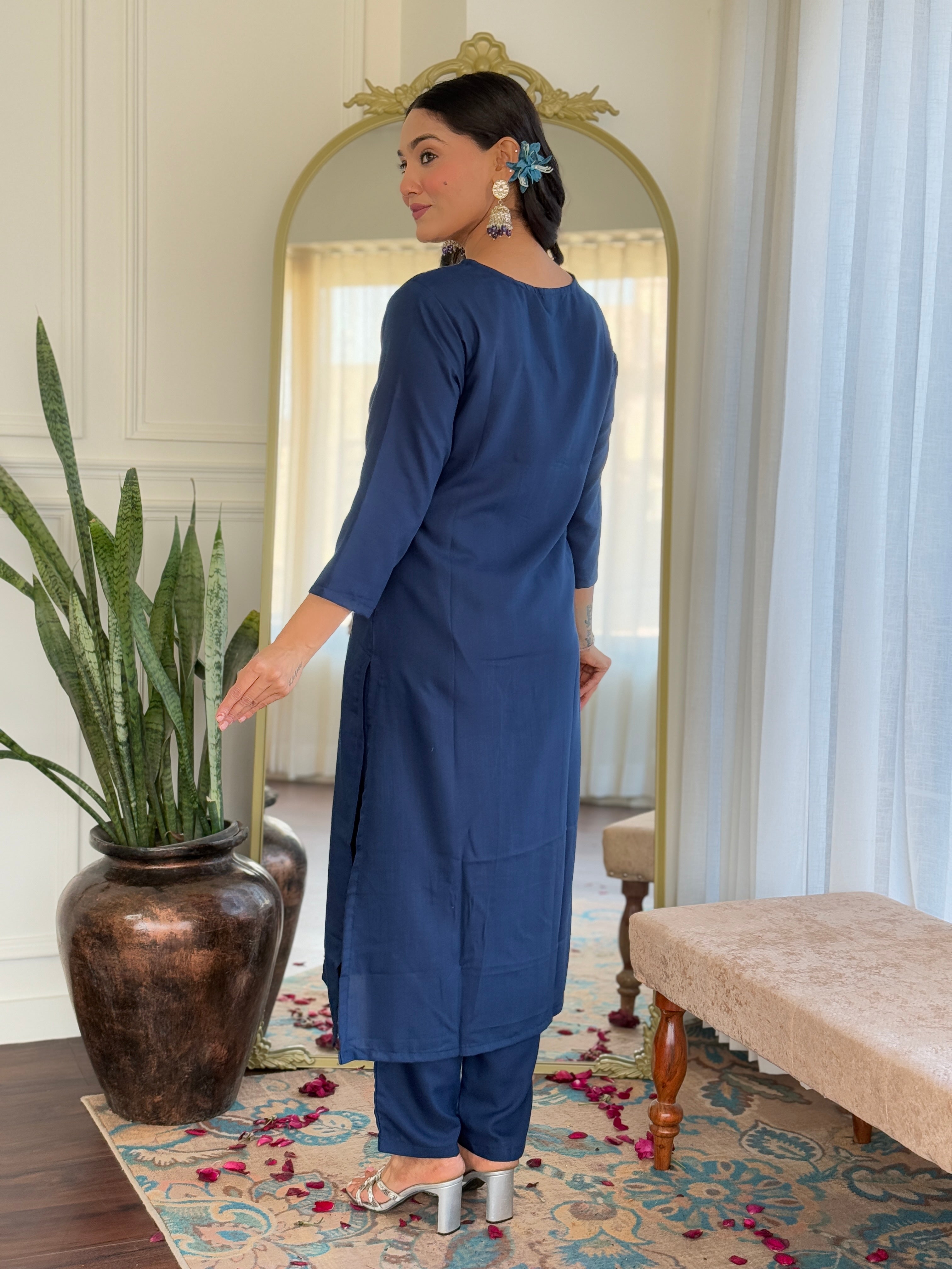 Teeya Creation Blue Colour Viscose Slub Embroidery Work Fully Stitched Kurti Set - Distacart