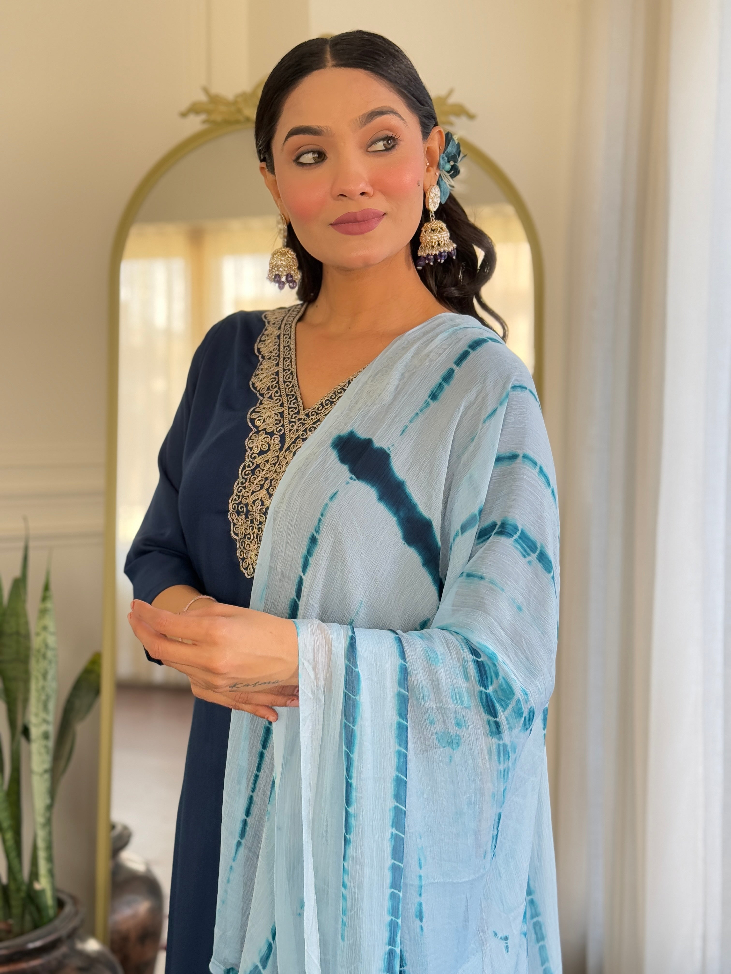 Teeya Creation Blue Colour Viscose Slub Embroidery Work Fully Stitched Kurti Set - Distacart