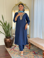 Thumbnail for Teeya Creation Blue Colour Viscose Slub Embroidery Work Fully Stitched Kurti Set - Distacart