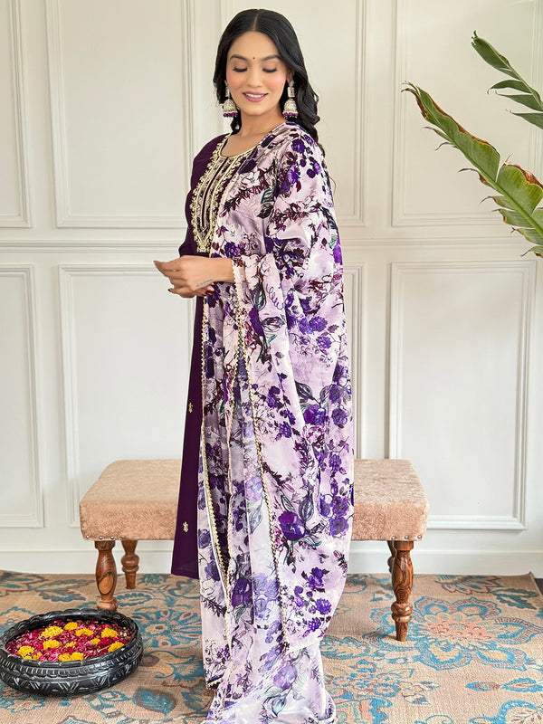 Teeya Creation Purple Colour Viscose Chanderi Embroidery Work Fully Stitched Kurti Set - Distacart