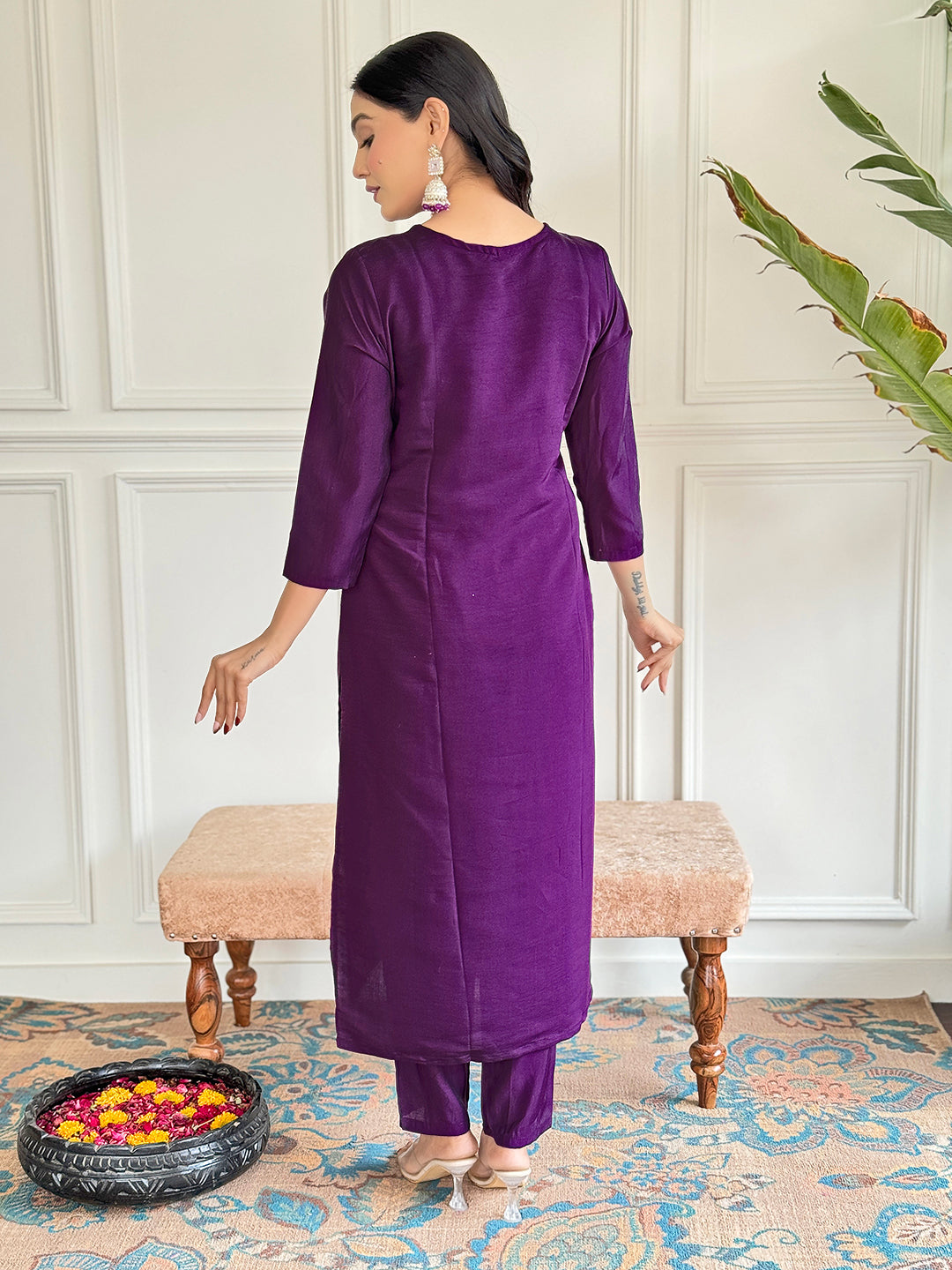 Teeya Creation Purple Colour Viscose Chanderi Embroidery Work Fully Stitched Kurti Set - Distacart