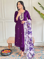 Thumbnail for Teeya Creation Purple Colour Viscose Chanderi Embroidery Work Fully Stitched Kurti Set - Distacart