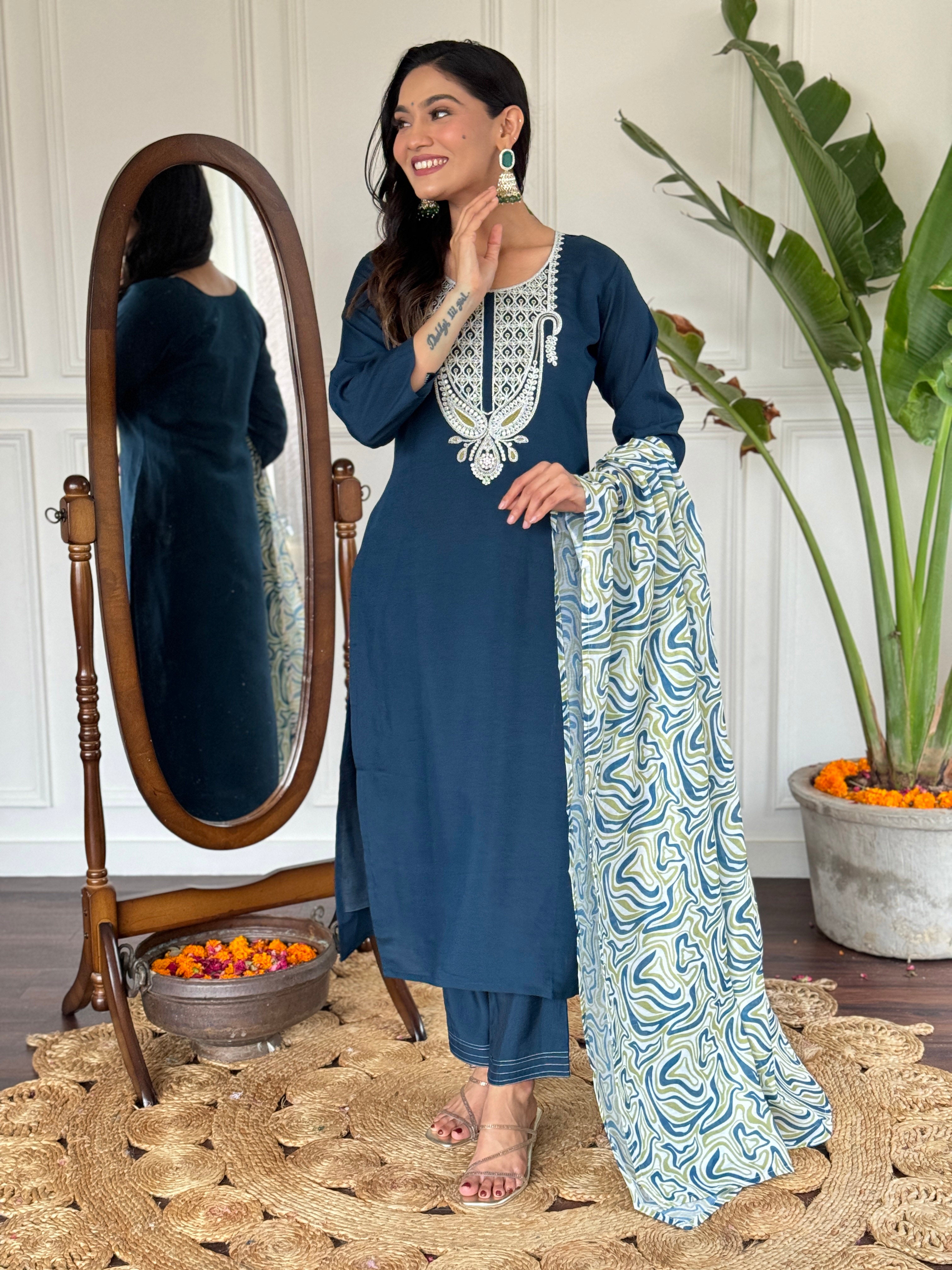Teeya Creation Blue Colour Viscose Slub Embroidery Work Fully Stitched Kurti Set - Distacart
