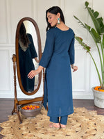 Thumbnail for Teeya Creation Blue Colour Viscose Slub Embroidery Work Fully Stitched Kurti Set - Distacart