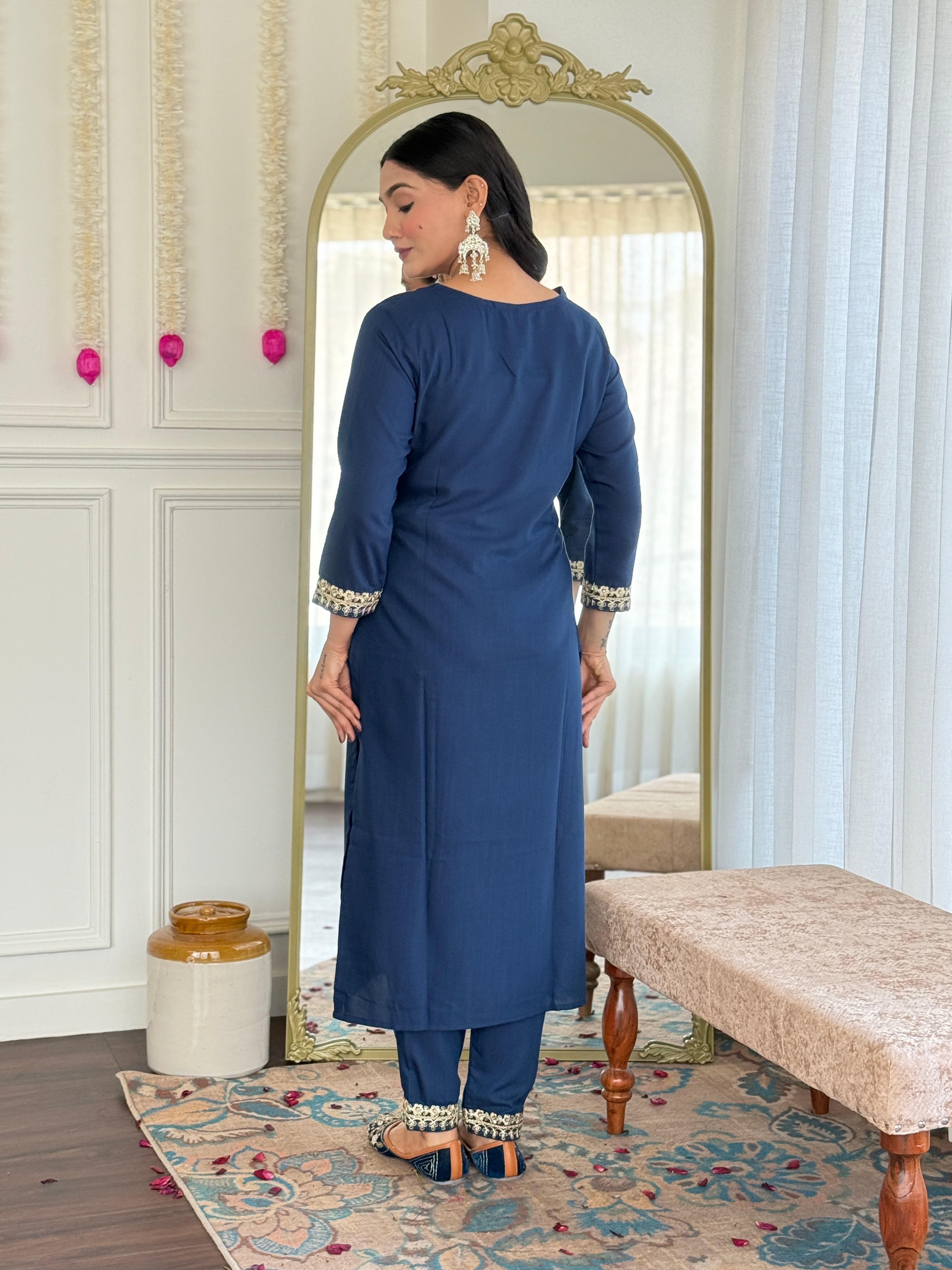 Teeya Creation Blue Colour Viscose Slub Embroidery Work Fully Stitched Kurti Set - Distacart