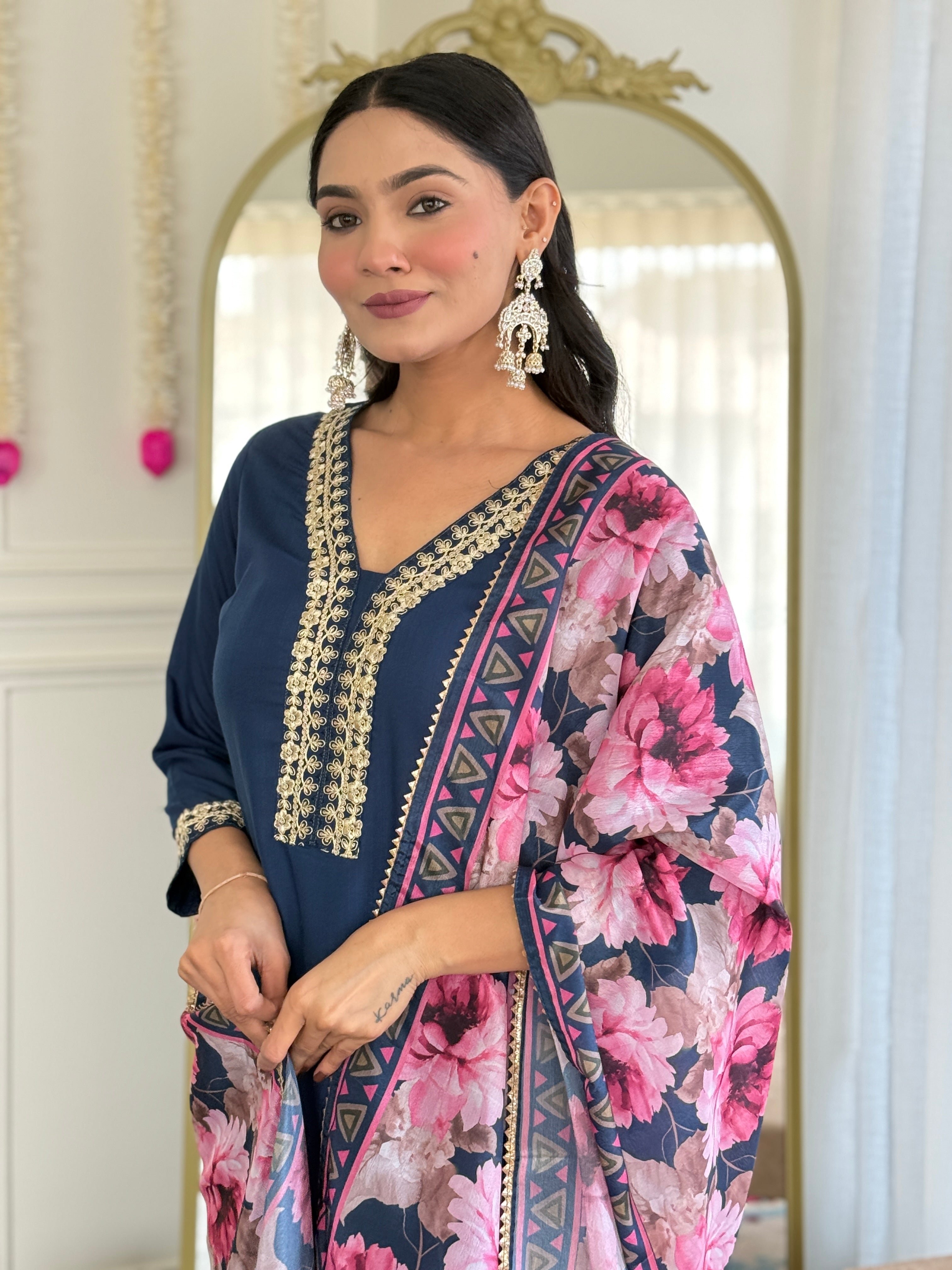 Teeya Creation Blue Colour Viscose Slub Embroidery Work Fully Stitched Kurti Set - Distacart