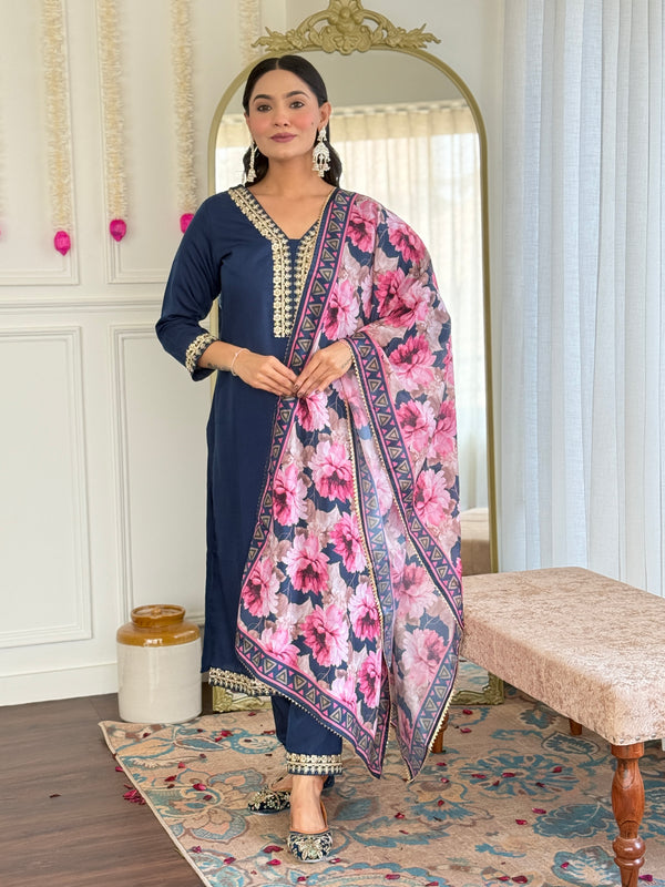 Teeya Creation Blue Colour Viscose Slub Embroidery Work Fully Stitched Kurti Set - Distacart