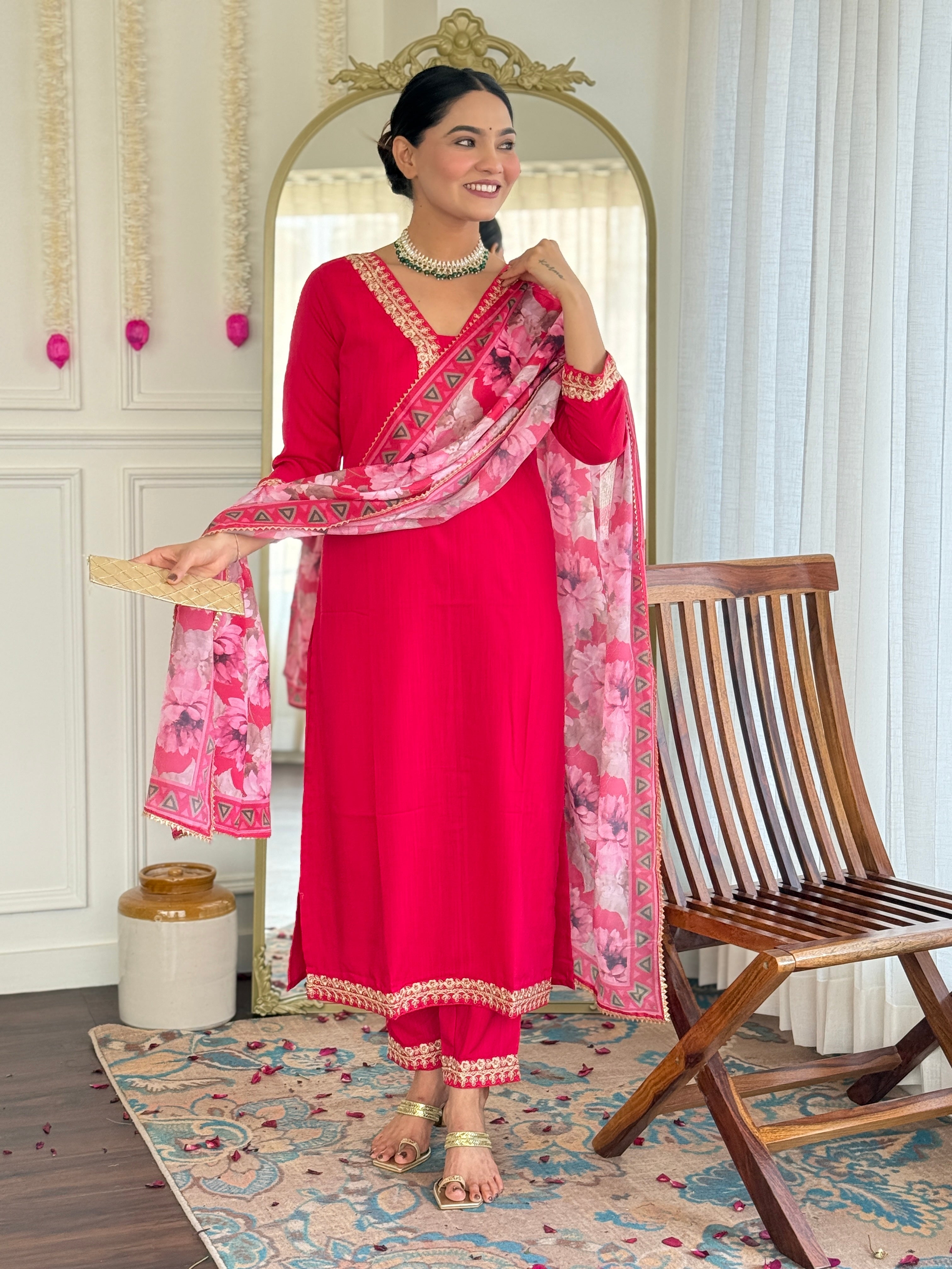 Teeya Creation Rani Colour Viscose Slub Embroidery Work Fully Stitched Kurti Set - Distacart