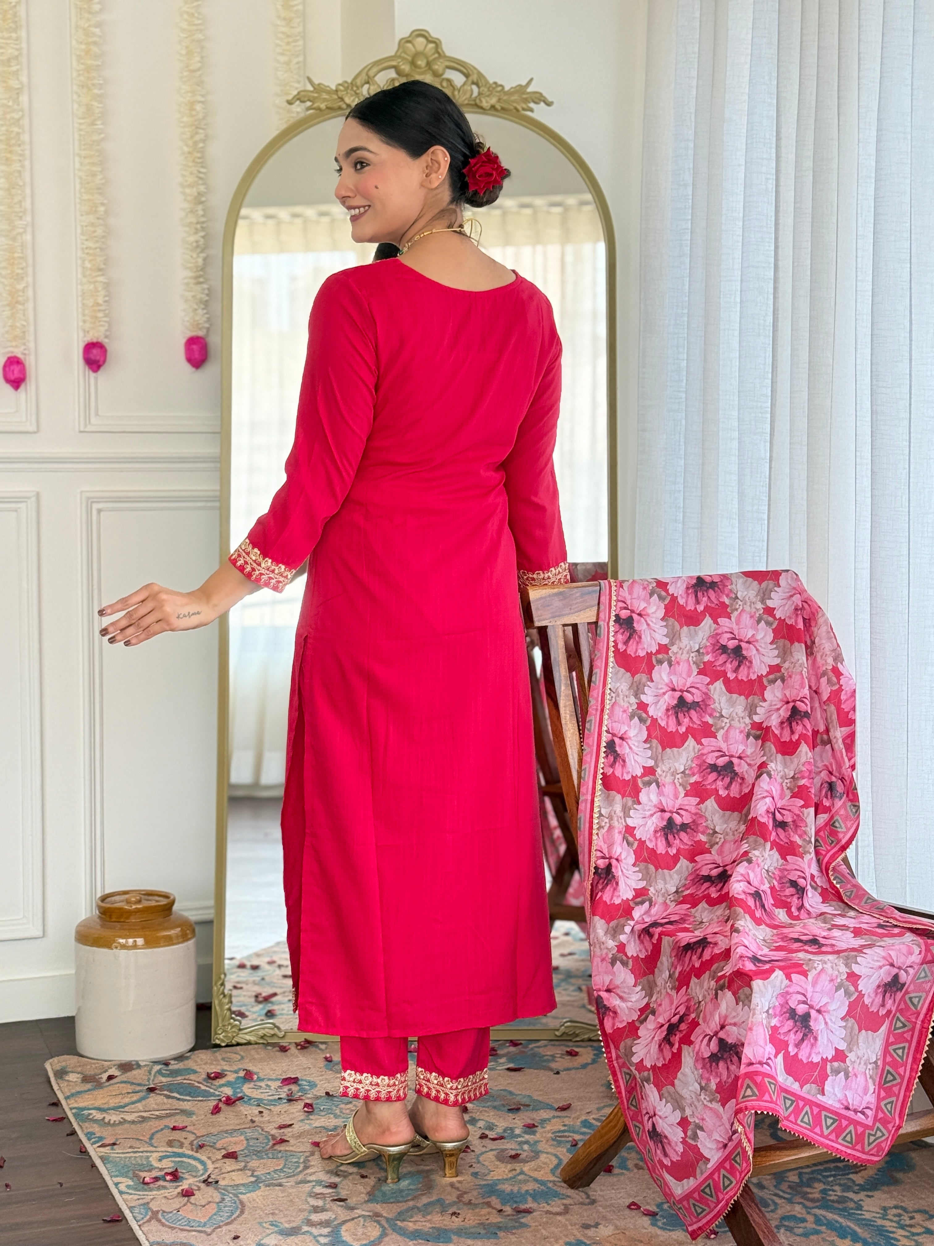 Teeya Creation Rani Colour Viscose Slub Embroidery Work Fully Stitched Kurti Set - Distacart