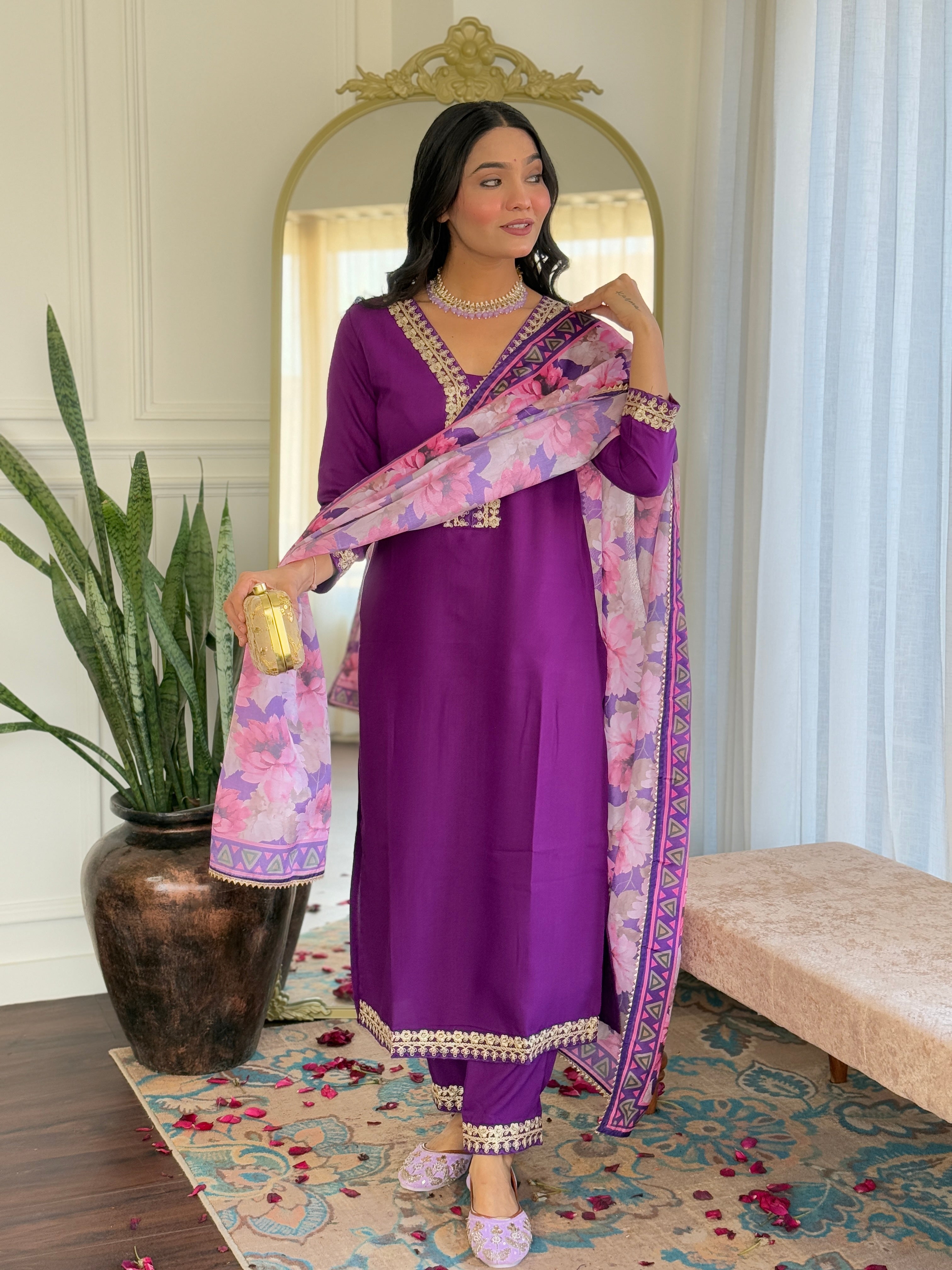 Teeya Creation Violet Colour Viscose Slub Embroidery Work Fully Stitched Kurti Set - Distacart