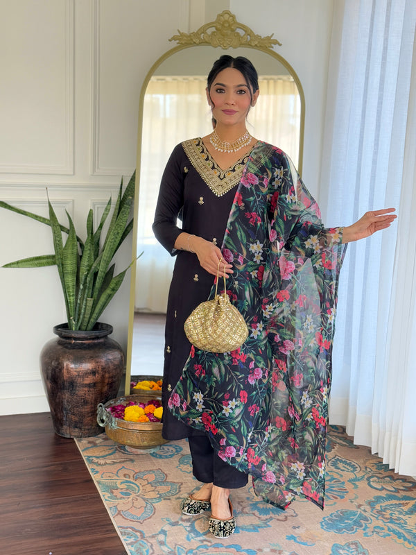 Teeya Creation Black Colour Viscose Slub Embroidery Work Fully Stitched Kurti Set - Distacart