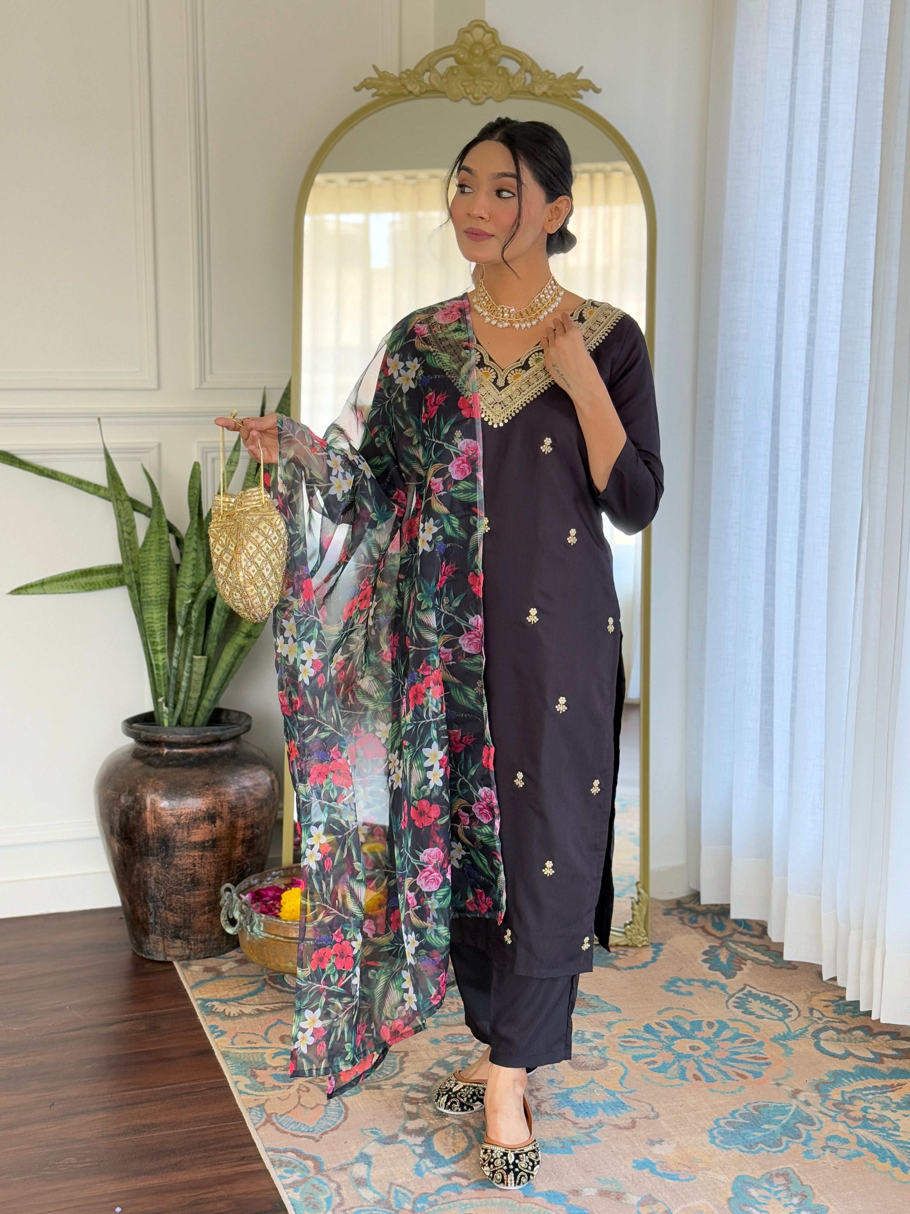 Teeya Creation Black Colour Viscose Slub Embroidery Work Fully Stitched Kurti Set - Distacart