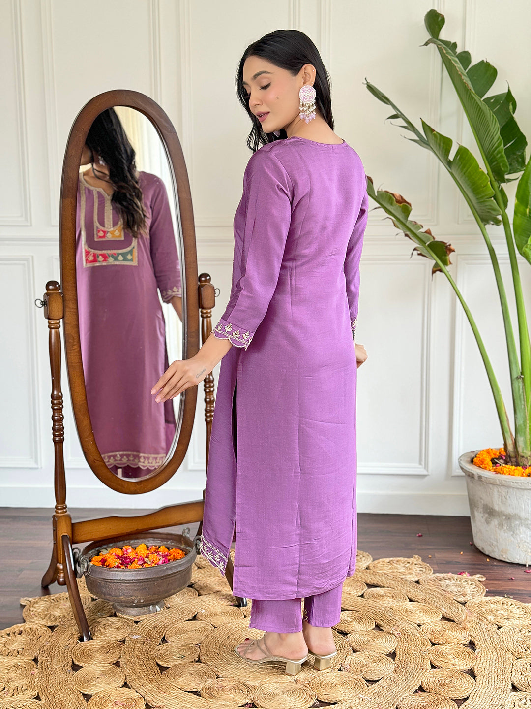 Teeya Creation Light Purple Colour Viscose Slub Embroidery Work Fully Stitched Kurti Set - Distacart