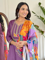 Thumbnail for Teeya Creation Light Purple Colour Viscose Slub Embroidery Work Fully Stitched Kurti Set - Distacart