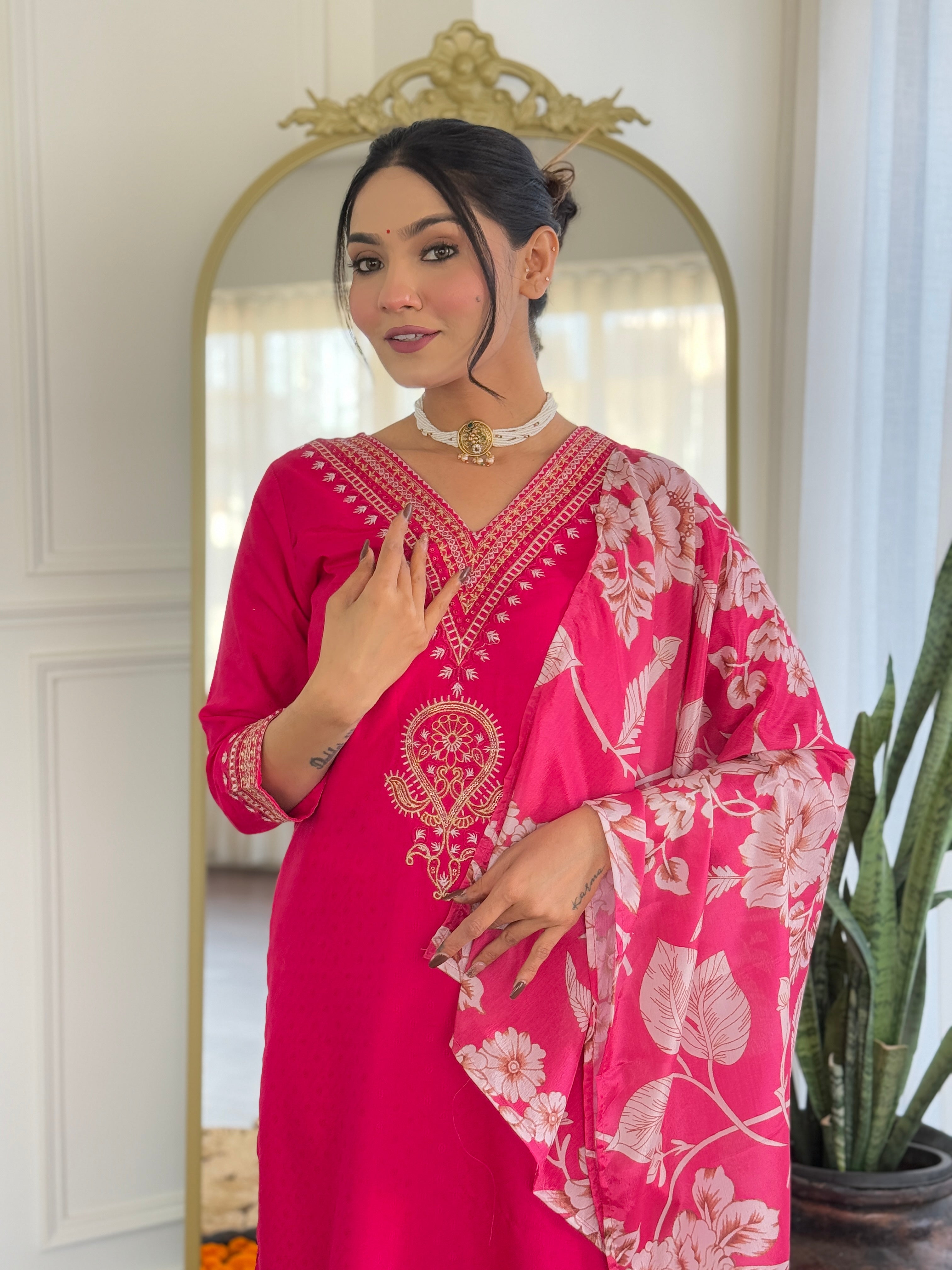 Teeya Creation Rani Color Viscose Rayon Embroidery Work Fully Stitched Kurti Set - Distacart