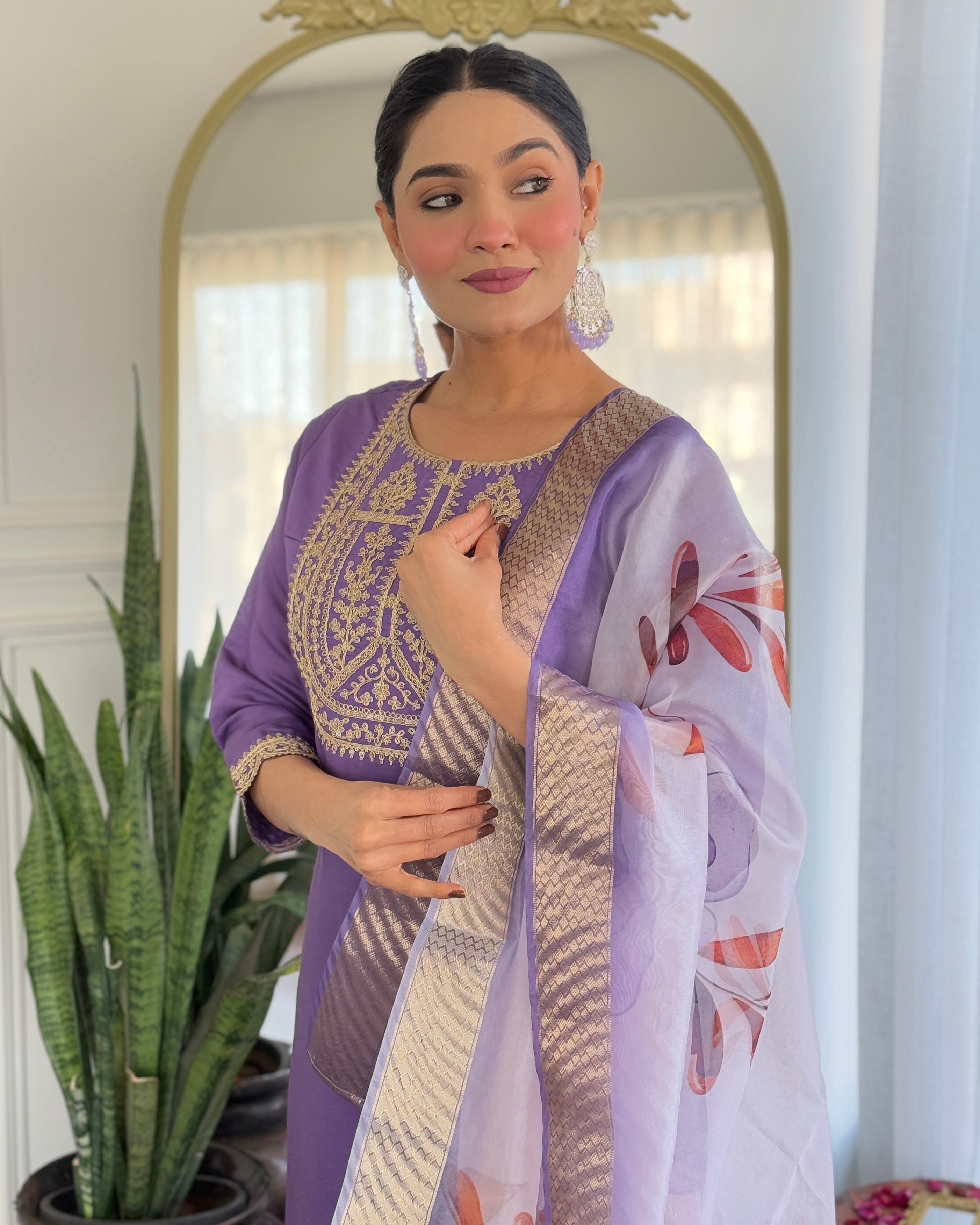 Teeya Creation Lavender Color Viscose Rayon Embroidery Work Fully Stitched Kurti Set - Distacart